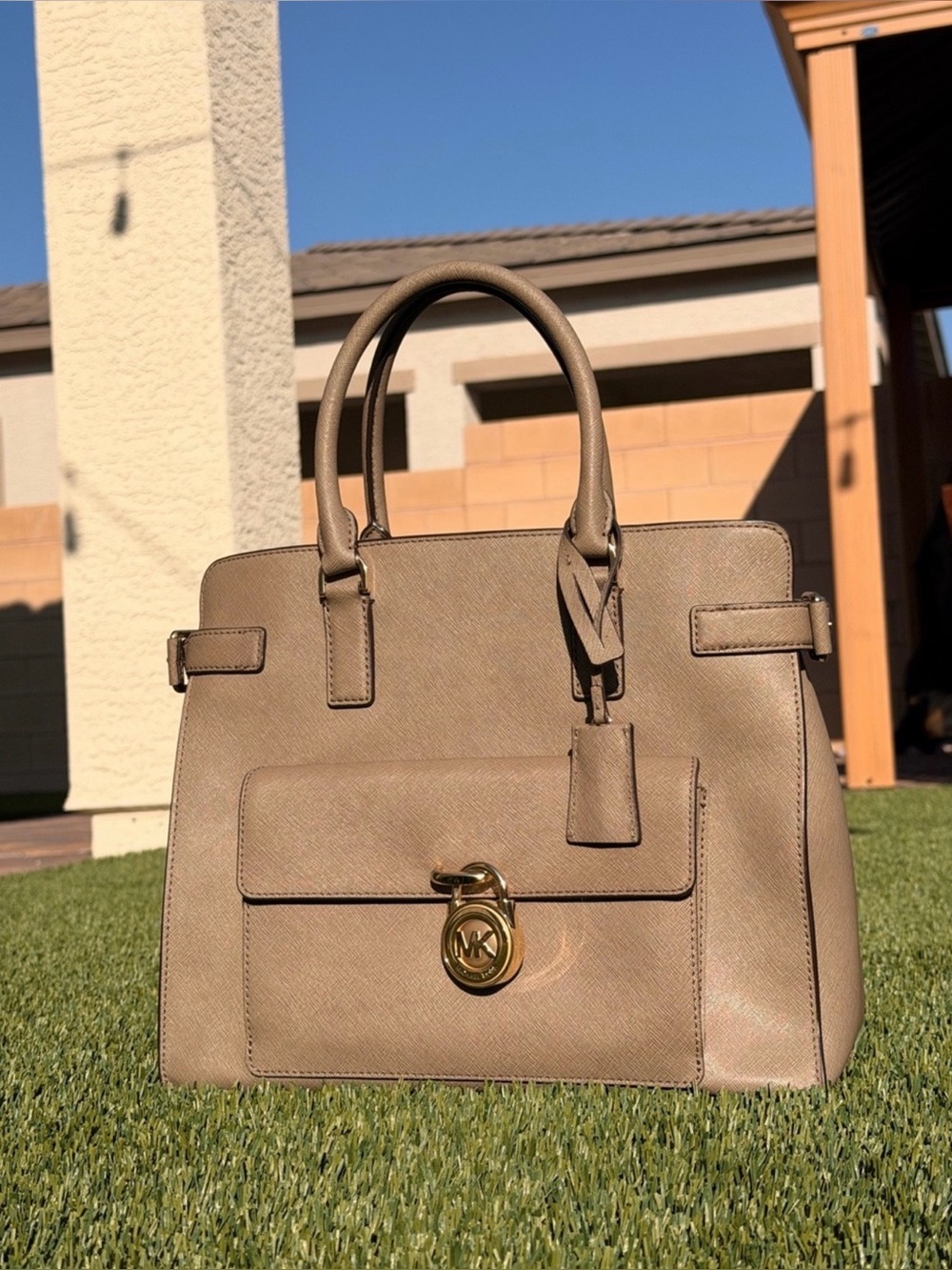 Michael Kors Taupe Saffiano Satchel with Gold Hardware